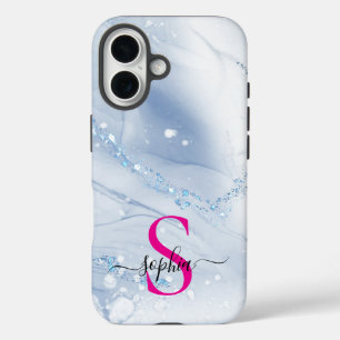 Navy blue marble gold glitter monogram iPhone 16 case