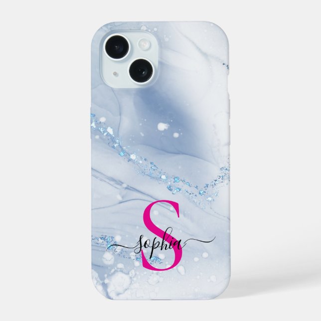 Navy blue marble gold glitter monogram iPhone 15 case (Back)