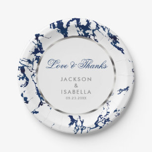 Navy Blue Marble, Silver and White Paper Plate