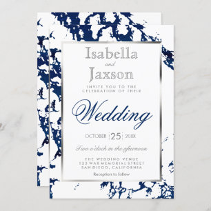 Navy Blue Marble, Silver & White Invitation