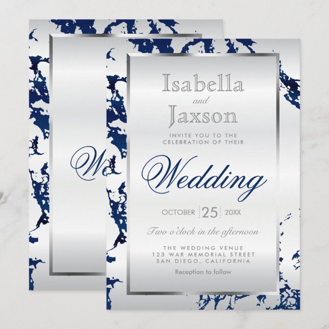 Navy Blue Marble, Silver & White Satin Invitation (Front/Back)