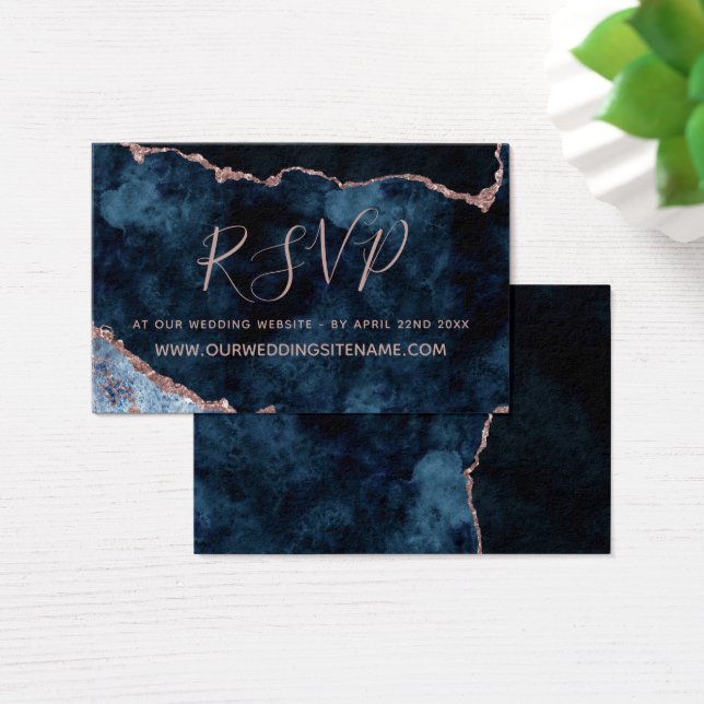 Navy Blue Marble Wedding Website RSVP Insert Cards (Desk)
