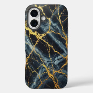 Navy Blue Marble with Gold Veins iPhone 16 Case