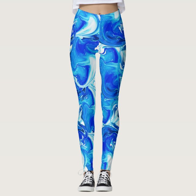 Navy blue marbled texture, rich ebru technique leggings (Front)
