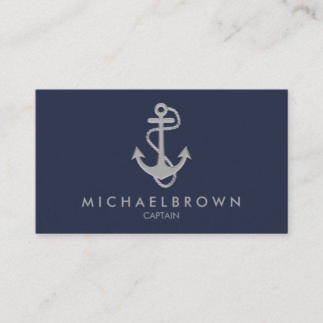 Navy Blue Marine Nautical Anchor Business Card (Front)
