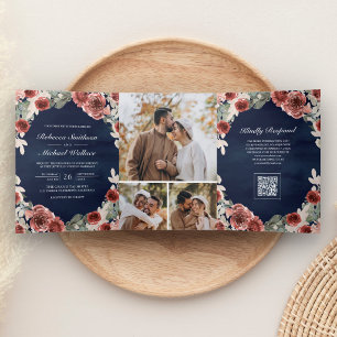Navy Blue Marsala Floral Photo QR Code Wedding Tri-Fold Invitation