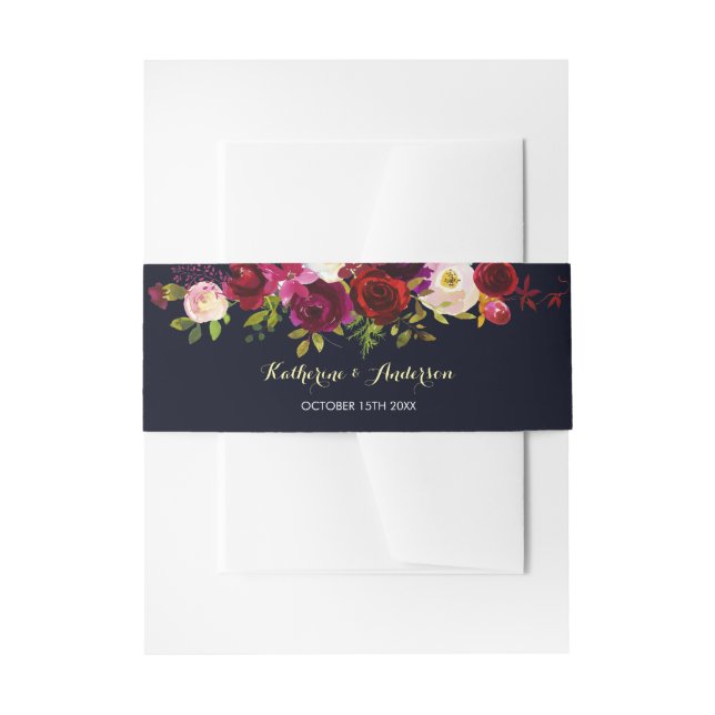 Navy Blue Marsala Rustic Boho Floral Wedding Invitation Belly Band (Front Example)