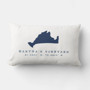 Navy Blue Martha's Vineyard Map and Coordinates Lumbar Pillow