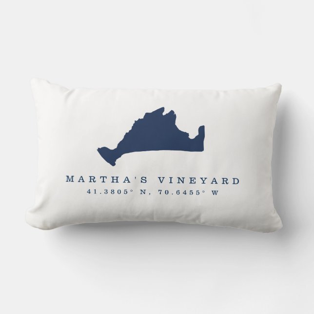 Navy Blue Martha's Vineyard Map and Coordinates Lumbar Pillow (Front)