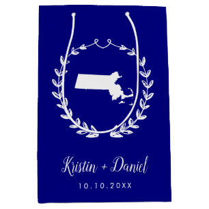 Navy Blue Massachusetts Map Wedding Welcome Swag Medium Gift Bag