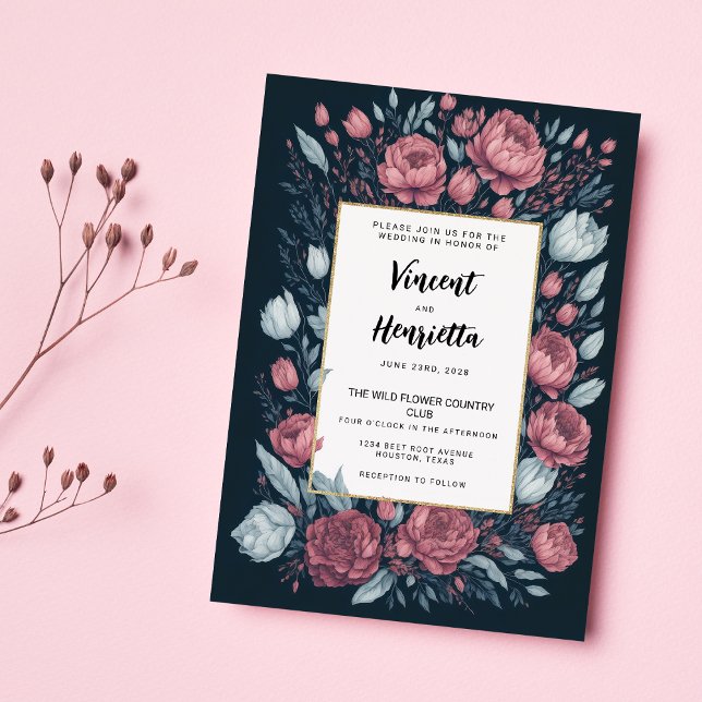 Navy blue mauve pink floral country chic Wedding Invitation (Navy blue mauve pink floral country chic Wedding )
