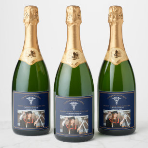 Navy Blue Medical School Photo Graduation Party Sparkling Wine Label