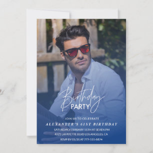  Navy blue Men Photo 61st birthday party Invitation
