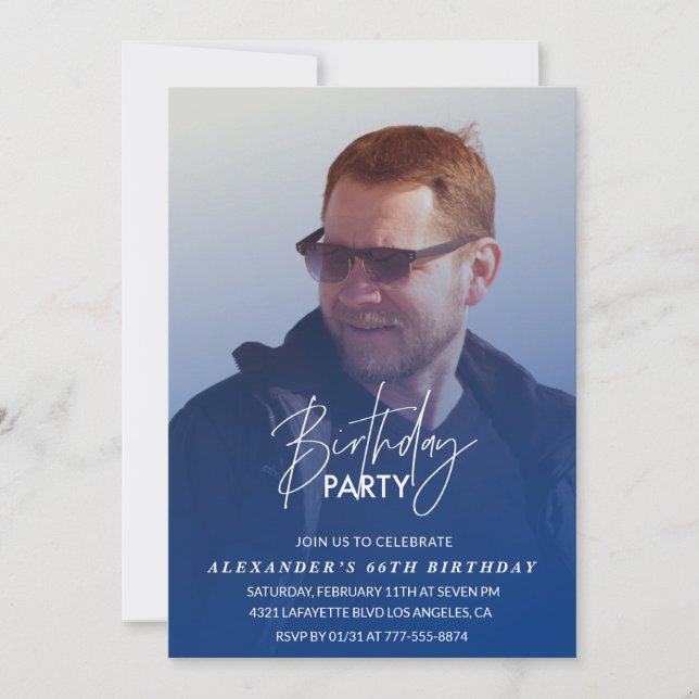  Navy blue Men Photo 66th birthday party Invitation (Front)