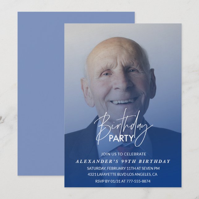Navy blue Men Photo 99th birthday party Invitation (Front/Back)
