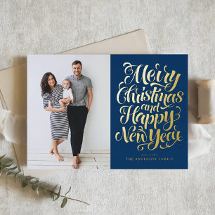 Navy Blue Merry Christmas & Happy New Year Photo Foil Holiday Card