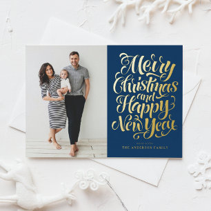 Navy Blue Merry Christmas & Happy New Year Photo Foil Holiday Card