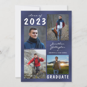 Navy Blue Metallic 5 Photo Collage Graduation Announcement
