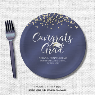 Navy Blue  Metallic CONGRATS GRAD Confetti  Paper Plate
