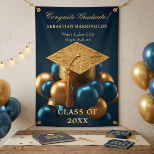 Navy Blue Metallic Gold Balloon Graduation Party Banner