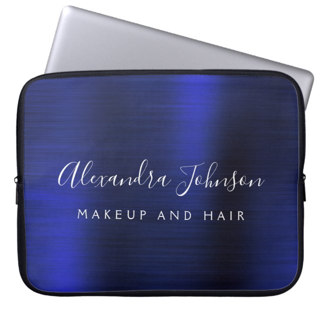 Navy Blue Metallic Monogram Business Professional Laptop Sleeve (Front)