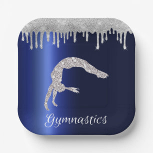Navy Blue Metallic Silver Sparkle Gymnastics Paper Plate
