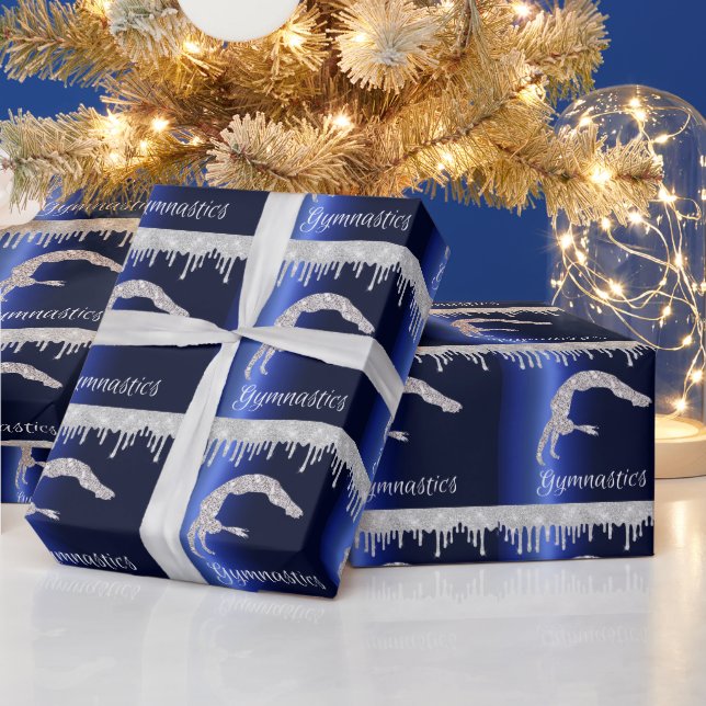 Navy Blue Metallic Silver Sparkle Gymnastics Wrapping Paper (Holidays)