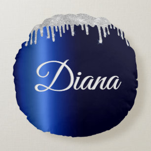 Navy Blue Metallic Silver Sparkle Personalized Round Pillow