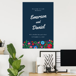 Navy Blue Mexican Embroidery Wedding Welcome Poster