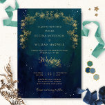 Navy Blue Mid Summer Night Dream Celestial Wedding Invitation<br><div class="desc">Delight your guests with this elegant and unique starry celestial wedding invitation with gorgeous blue, navy, green and teal celestial background with dainty stars and delicate faux gilded botanical garlands in golden hues. Ability to change and customize all text sections to suit your needs. Easy to fill in template. Magical...</div>