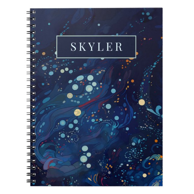 Navy blue midnight swirl galaxy abstract notebook (Front)