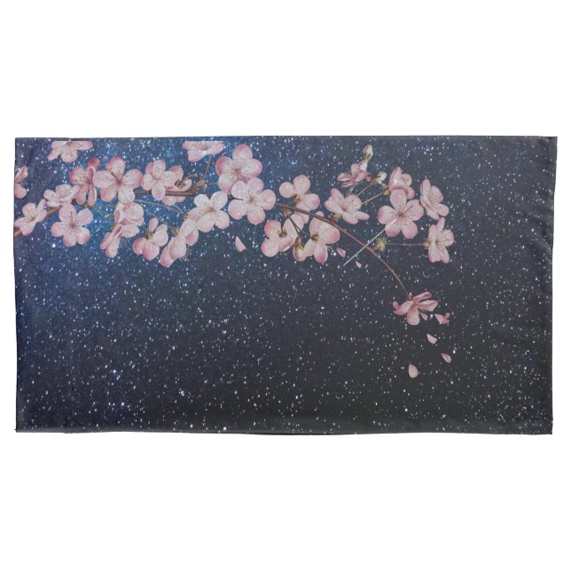 Navy Blue Milkyway Nightsky Galaxy Cherry Blossom Pillowcase (Front)