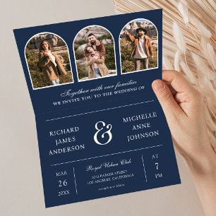 Navy Blue Minimal Arch Photo QR code Wedding Invitation