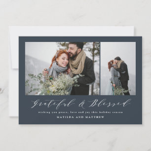Navy blue minimal grateful and blessed christmas holiday card