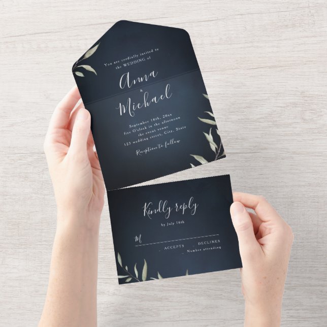 Navy blue minimal greenery rustic wedding all in one invitation (Tearaway)