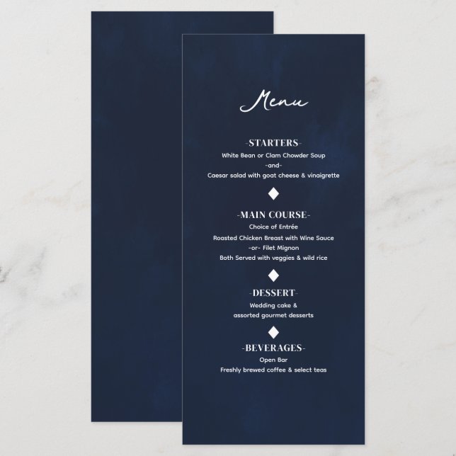 Navy Blue Minimal Modern Elegant Wedding Menu (Front/Back)
