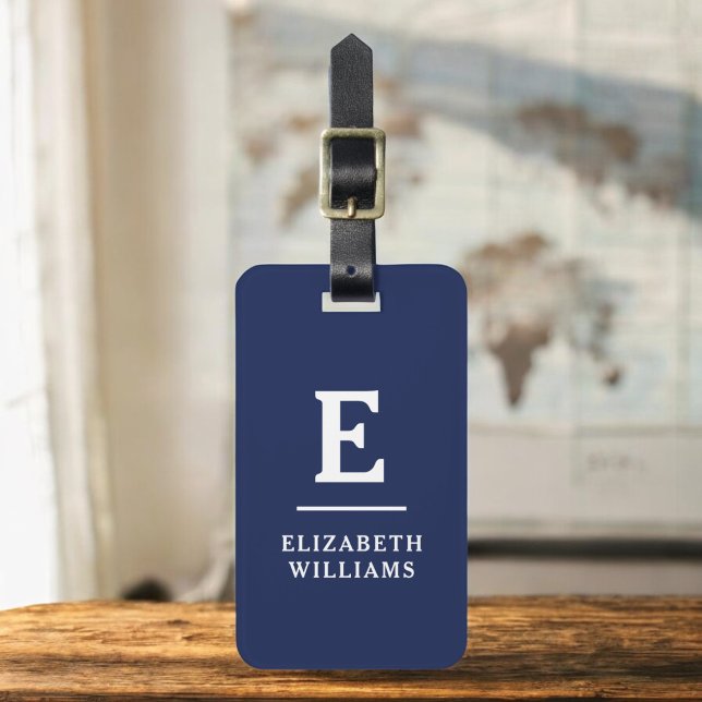 Navy Blue Minimal Modern Monogram  Luggage Tag (Creator Uploaded)