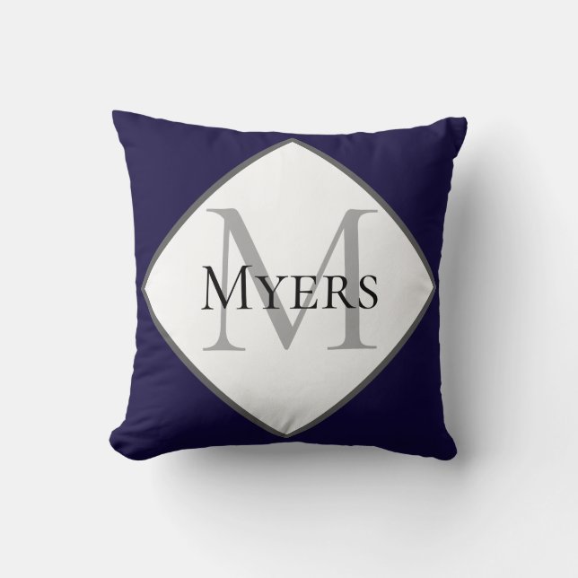 Navy Blue Minimal Monogram Family Name  Throw Pillow (Front)