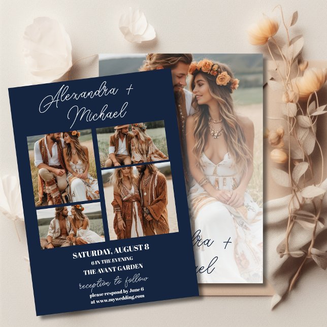 Navy Blue Minimal  Overlay Photo Wedding Invitation (Creator Uploaded)