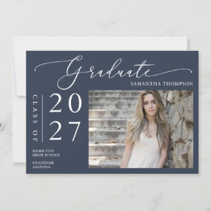 Navy Blue Minimal Script School Graduation Photo Invitation