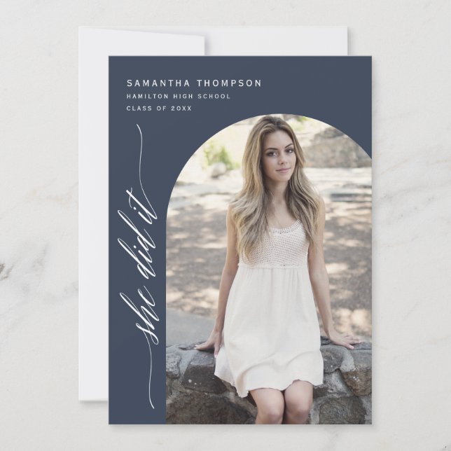 Navy Blue Minimal She Did It Graduation Arch Photo Invitation (Front)
