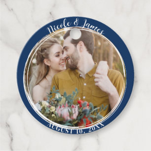 Navy Blue Minimal Trendy Round Photo Wedding  Favour Tags