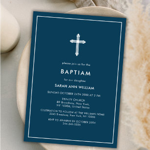 Navy Blue Minimal Typography Cross Frame Baptism Invitation