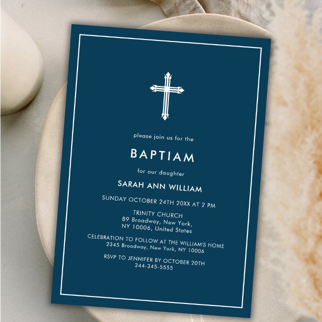 Navy Blue Minimal Typography Cross Frame Baptism Invitation (Navy Blue Minimal Typography Cross Frame Baptism Invitation)