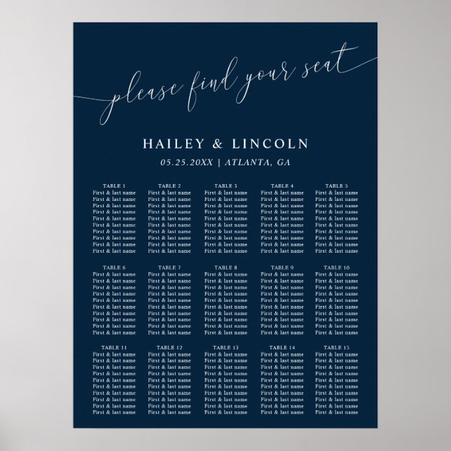 Navy Blue Minimal Wedding Seating Chart (Front)