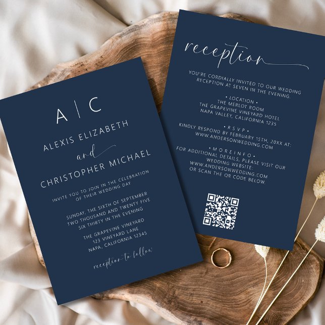Navy Blue Minimalist All In One Wedding QR Code Invitation (Creator Uploaded)