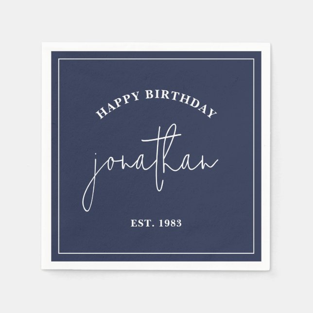 Navy Blue Minimalist Birthday Custom Name Napkins (Front)