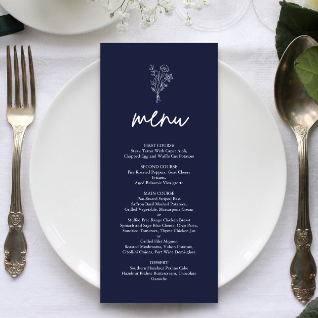 Navy Blue Minimalist Botanicals Terracotta Wedding Menu (Creator Uploaded)