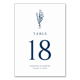 Navy Blue Minimalist Botanicals Wedding Table Number