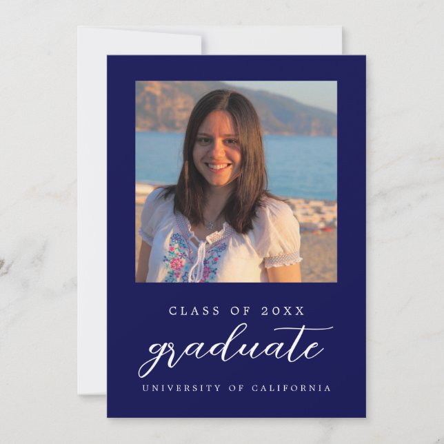 Navy Blue Minimalist Classy 1 Photo Graduation Invitation (Front)